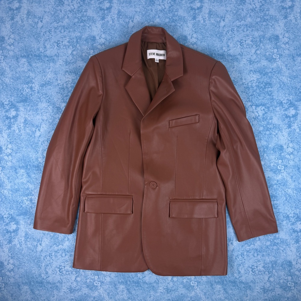 Steve Madden Brown Faux Leather Blazer Jacket Womens Small Single Button Fall